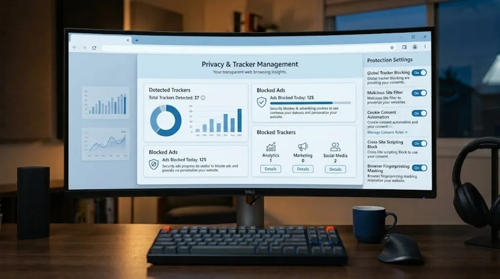 A privacy panel listing the trackers detected on a webpage