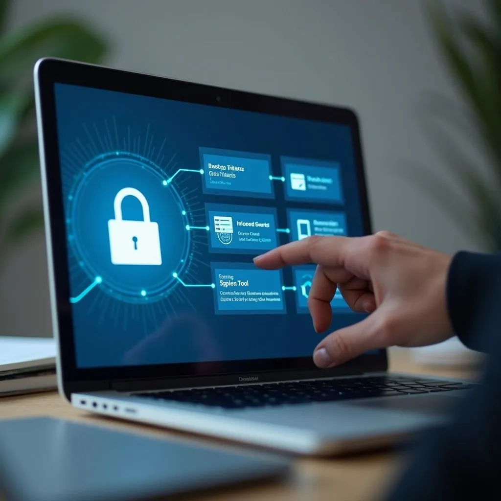 A browser session protected by a privacy shield above a laptop keyboard